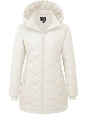 Beige Medium Tall Women's Lightweight Quilted Puffer Jacket with Hood
